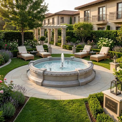 Luxury Baroque Garden Water Fountain with Sculpted Circular Basin - Baroque Fountain Lifestyle View by Luxury Group International