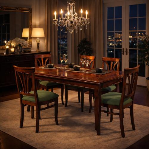 Luxury Baroque Geometric Inlay Dining Room Set Walnut/Sage Green — 1 Table & 6 Chairs - Baroque Dining Room Set Lifestyle View by Luxury Group International