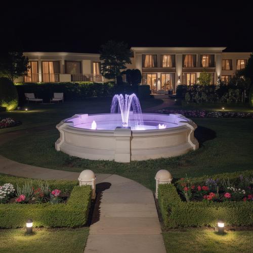 Luxury Baroque Illuminated Multi-Jet Water Fountain with Circular Reservoir - Baroque Fountain Lifestyle View by Luxury Group International