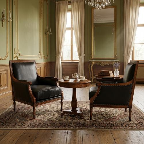 Sofá de cuero barroco de lujo con detalles artesanales de tachuelas en marco de madera - Muebles para sala de estar Vista lifestyle por Luxury Group International