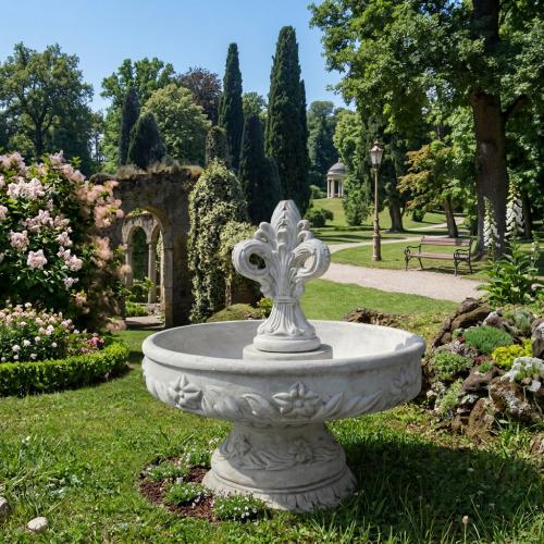 Luxury Baroque Lily Crest Water Fountain with Sculpted Basin & Base - Baroque Fountain Lifestyle View by Luxury Group International