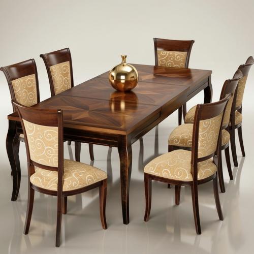 Luxury Baroque Marquetry Star Dining Room Set Dark Walnut/Gold — 1 Table & 8 Chairs - Baroque Dining Room Set Front View by Luxury Group International