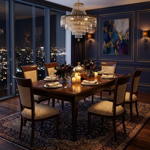 Luxury Baroque Marquetry Star Dining Room Set Dark Walnut/Gold — 1 Table & 8 Chairs - Baroque Dining Room Set Lifestyle View by Luxury Group International