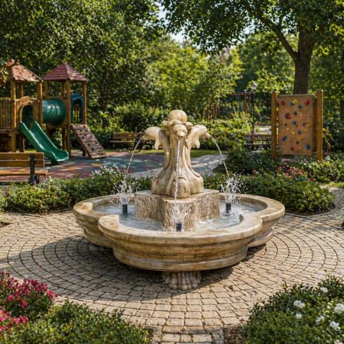 Luxury Baroque Multi-Dolphin Sculpture Water Fountain with Sculpted Basin - Baroque Fountain Lifestyle View by Luxury Group International