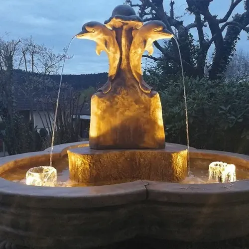 Luxury Baroque Multi-Dolphin Sculpture Water Fountain with Sculpted Basin - Baroque Fountain Lifestyle View by Luxury Group International