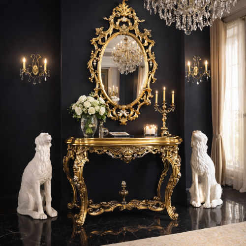 Set Consolle con Specchio Ovale Barocco di Lusso con Intagli Ornamentali traforati e Grembiule con Medaglione a Volto Scolpito Vista lifestyle di Luxury Group International