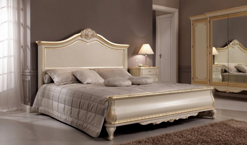 Luxury Baroque Pearl Ivory Neo-Classical Double Bed with Gold Edge Carved Frame & Cabriole Legs Lifestyle View by Luxury Group International