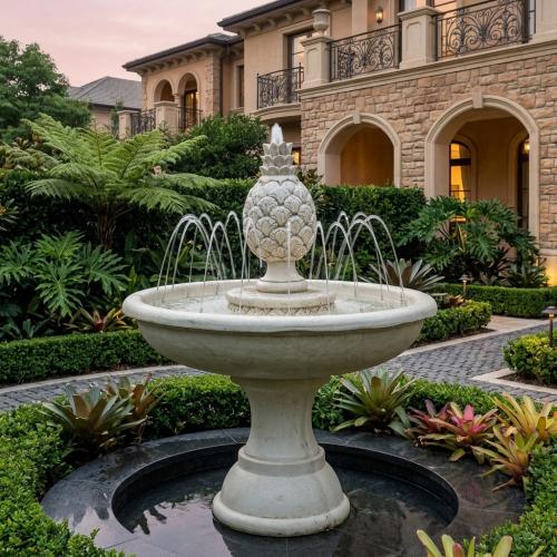 Luxury Baroque Pineapple Sculpture Water Fountain with Circular Basin Design - Baroque Fountain Lifestyle View by Luxury Group International