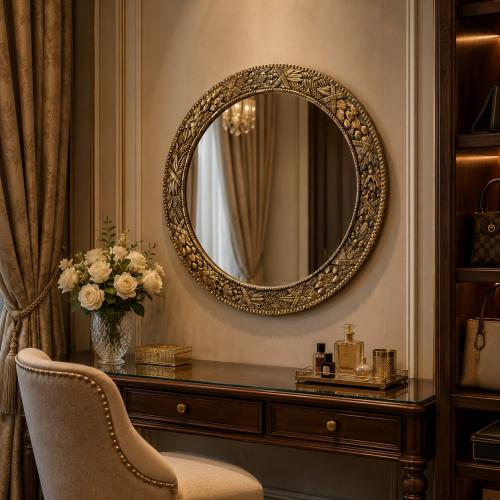 Luxury Baroque Round Wall Mirror with Ornamental Botanical Gold Frame - Baroque Mirror Lifestyle View by Luxury Group International