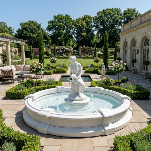 Luxury Baroque Seated Female Sculpture Water Fountain with Circular Surround Basin - Baroque Fountain Lifestyle View by Luxury Group International