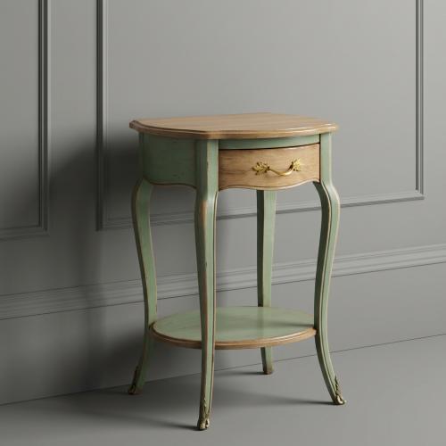 Luxury Baroque Side Table with Drawer Storage and Sage Green Distressed Finish Front View by Luxury Group International
