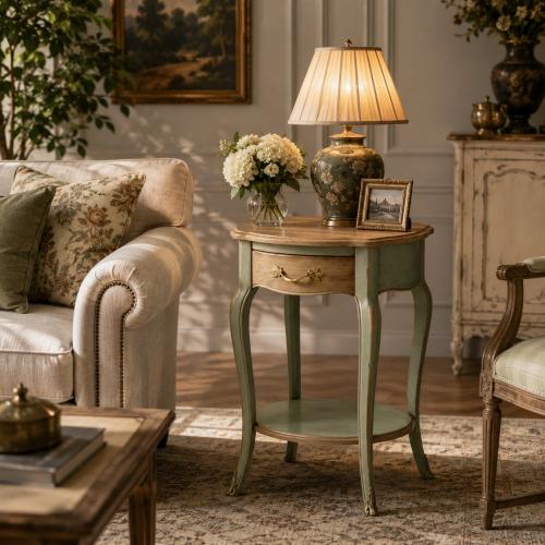 Luxury Baroque Side Table with Drawer Storage and Sage Green Distressed Finish Lifestyle View by Luxury Group International