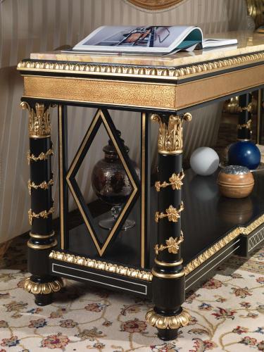 Luxury Baroque Sideboard in Black Lacquer with Ornate Gold Columns & Open Lower Shelf - Royal Furniture Detail View by Luxury Group International
