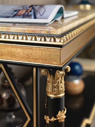Luxury Baroque Sideboard in Black Lacquer with Ornate Gold Columns & Open Lower Shelf - Royal Furniture Detail View by Luxury Group International
