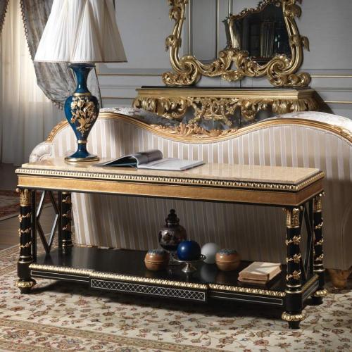 Luxury Baroque Sideboard in Black Lacquer with Ornate Gold Columns & Open Lower Shelf - Royal Furniture Front View by Luxury Group International