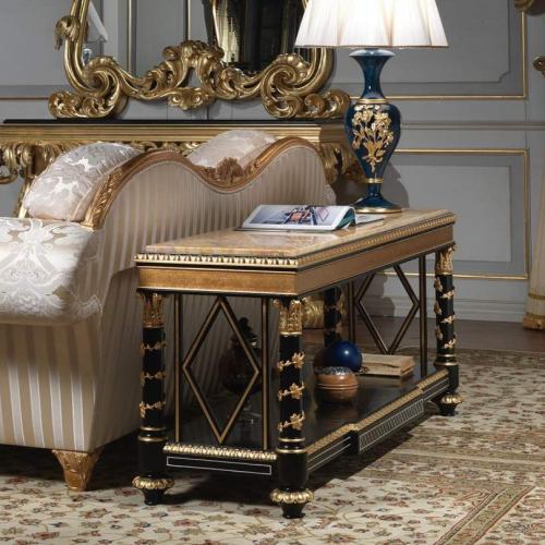 Luxury Baroque Sideboard in Black Lacquer with Ornate Gold Columns & Open Lower Shelf - Royal Furniture Side View by Luxury Group International
