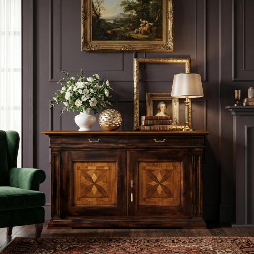 Credenza Barocca di Lusso in Finitura Noce Scuro con Cassetti Multipli e Armadietto - Mobili Barocchi Vista lifestyle di Luxury Group International