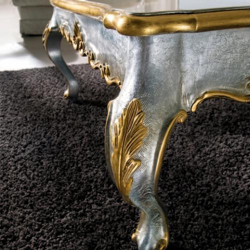 Luxury Baroque Silver Coffee Table with Ornate Gold Carvings & Square Marble-Effect Surface Detail View by Luxury Group International