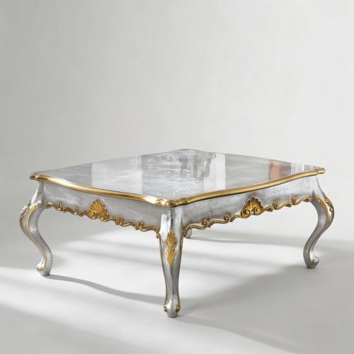 Luxury Baroque Silver Coffee Table with Ornate Gold Carvings & Square Marble-Effect Surface Front View by Luxury Group International