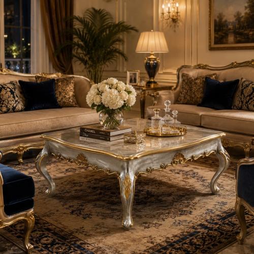 Luxury Baroque Silver Coffee Table with Ornate Gold Carvings & Square Marble-Effect Surface Lifestyle View by Luxury Group International