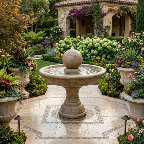 Luxury Baroque Sphere Water Fountain with Circular Basin & Pedestal Base - Baroque Fountain Lifestyle View by Luxury Group International