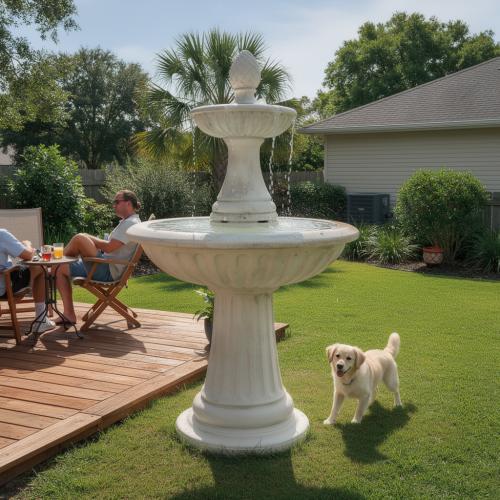 Fuente de Agua de Lujo Barroca en Niveles con Columna Acanalada y Remate Esculpido - Fuente Barroca Vista lifestyle por Luxury Group International