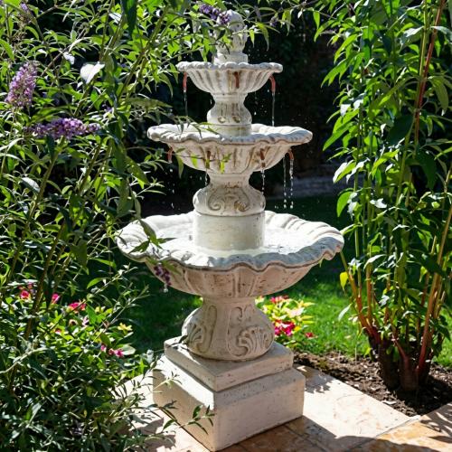Luxury Baroque Triple-Tier Water Fountain with Sculpted Column & Cascading Basins - Baroque Fountain Lifestyle View by Luxury Group International