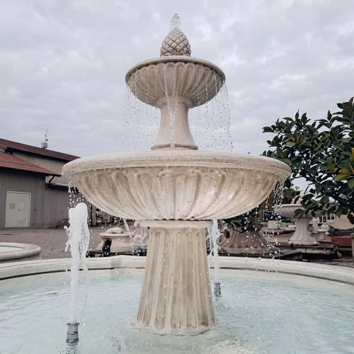 Luxury Baroque Two-Tier Water Fountain with Pinecone Finial in Curved Reservoir - Baroque Fountain Detail View by Luxury Group International