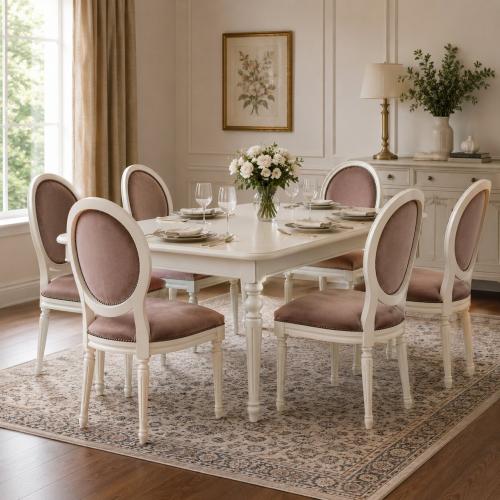 Chaise de Salle à Manger Baroque de Luxe Rembourrée en Velours Blush avec Dossier Ovale Ivoire Vue lifestyle par Luxury Group International