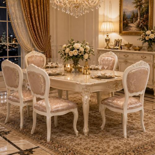 Chaise de Salle à Manger Baroque de Luxe Rembourrée Finition Ivoire avec Tissu Damassé Champagne Vue lifestyle par Luxury Group International