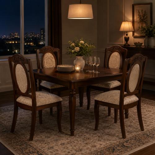 Chaise de Salle à Manger Baroque de Luxe Rembourrée en Tissu Damassé, Finitions Noyer & Ivoire Vue lifestyle par Luxury Group International