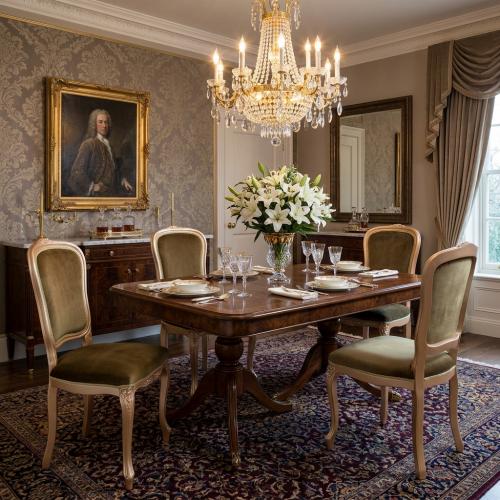Luxury Baroque Velvet Upholstered Dining Chair with Gold/Olive & Silver/Blue Variations Lifestyle View by Luxury Group International
