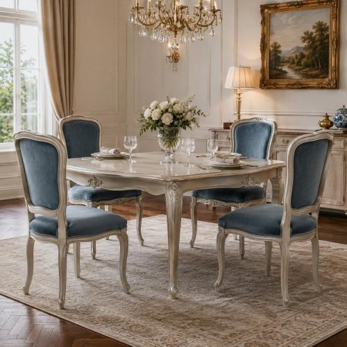 Luxury Baroque Velvet Upholstered Dining Chair with Gold/Olive & Silver/Blue Variations Lifestyle View by Luxury Group International