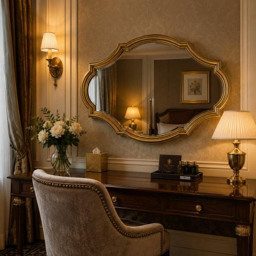 Luxury Baroque Wall Mirror with Sculpted Quatrefoil Gold Frame and Layered Border Design - Baroque Mirror Lifestyle View by Luxury Group International