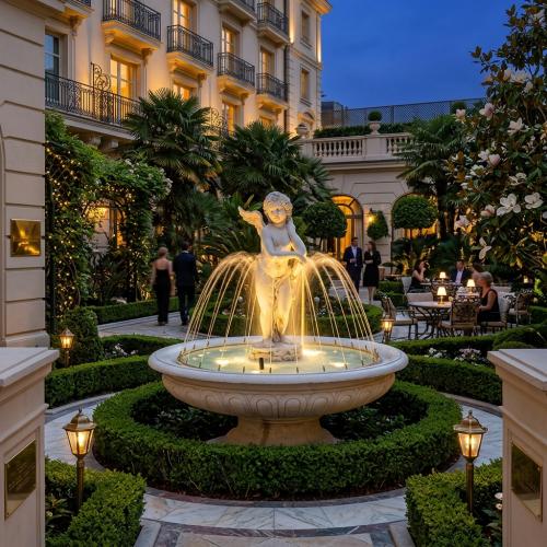 Luxury Baroque Water Fountain with Angel Sculpture & Circular Basin - Baroque Fountain Lifestyle View by Luxury Group International