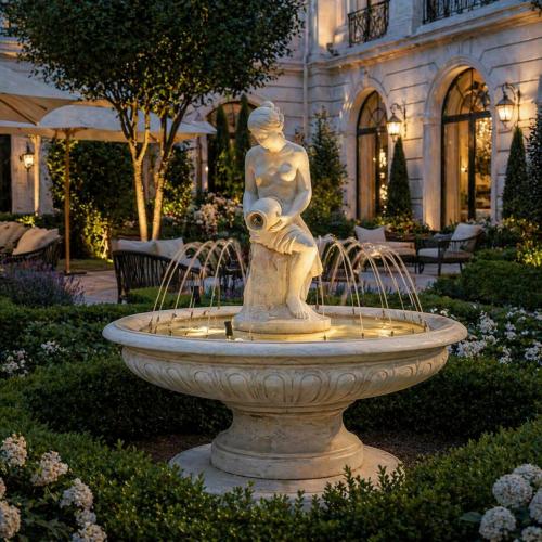 Luxus Barock-Wasserbrunnen mit sitzender weiblicher Skulptur & rundem Becken – Barockbrunnen Lifestyle-Ansicht von Luxury Group International