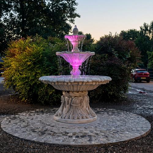 Luxury Baroque Water Fountain with Triple Tier Basins & Ornamental Finial Crown - Baroque Fountain Front View by Luxury Group International