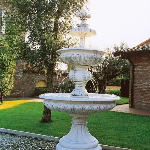 Luxury Baroque Water Fountain with Triple Tier Basins & Sculpted Lion Spouts - Baroque Fountain Front View by Luxury Group International