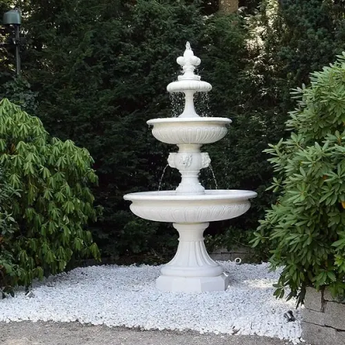 Luxury Baroque Water Fountain with Triple Tier Basins & Sculpted Lion Spouts - Baroque Fountain Lifestyle View by Luxury Group International