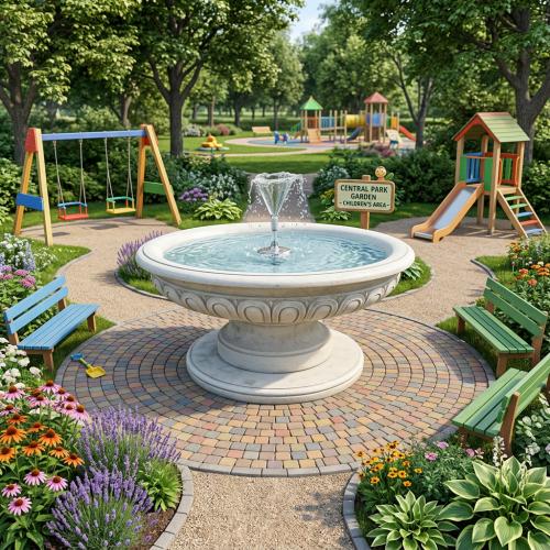 Luxury Baroque Water Fountain with Wide Circular Basin & Central Jet Feature - Baroque Fountain Lifestyle View by Luxury Group International