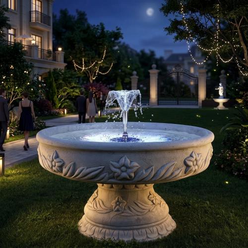 Luxury Baroque Wide Basin Water Fountain with Central Cascade Jet & Floral Relief Base - Baroque Fountain Lifestyle View by Luxury Group International