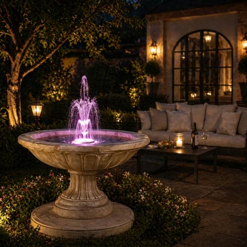 Luxury Baroque Wide Basin Water Fountain with Central Jet & Pedestal Base - Baroque Fountain Lifestyle View by Luxury Group International