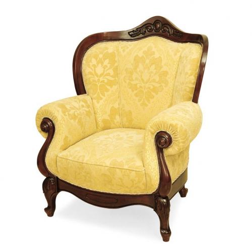 Luxury Baroque Wooden Armchair Sofa with Damask Pattern Yellow Upholstery Front View by Luxury Group International