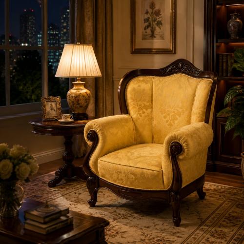 Luxury Baroque Wooden Armchair Sofa with Damask Pattern Yellow Upholstery Lifestyle View by Luxury Group International