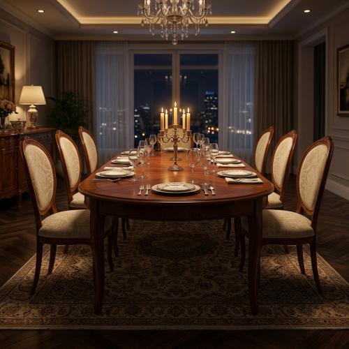 Luxury Baroque Wooden Dining Room Set - 1 Oval Extendable Table & 8 Upholstered Chairs Lifestyle View by Luxury Group International