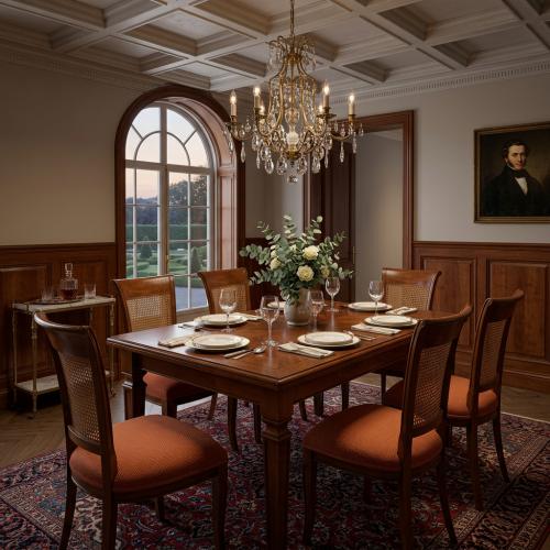 Luxury Baroque Wooden Dining Room Set - 1 Rectangular Table & 6 Upholstered Cane Back Chairs Lifestyle View by Luxury Group International
