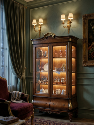 Luxury Baroque Wooden Double Door Glass Display Cabinet with Ornate Crest & Curved Storage Drawer Base Lifestyle View by Luxury Group International