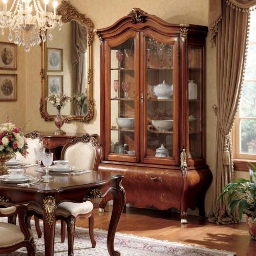 Luxury Baroque Wooden Double Door Glass Display Cabinet with Ornate Crown Crest & Curved Storage Base Lifestyle View by Luxury Group International