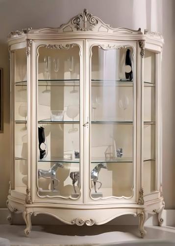 Luxury Baroque Wooden Double Door Glass Showcase Cabinet with Sculpted Crown in Ivory Finish Front View by Luxury Group International