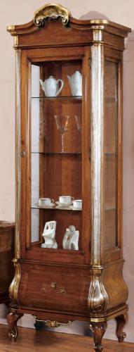 Luxury Baroque Wooden Glass Display Cabinet in Gold Accent with Sculpted Crest & Curved Storage Base Front View by Luxury Group International